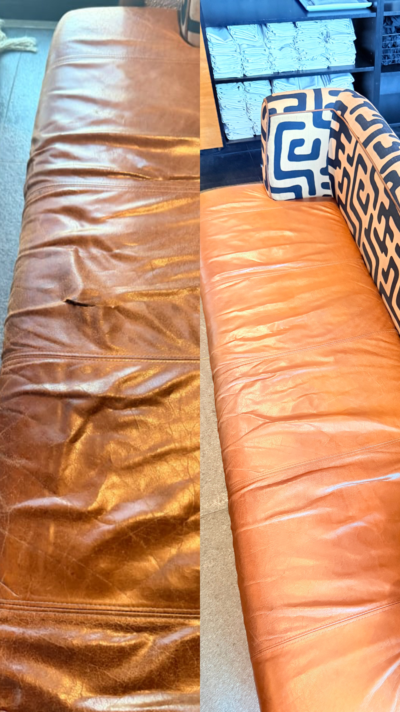 Left: worn tan leather bench seat with a tear in the seat pad and colour rubbed off. Right: the same bench recoloured to an even tan with the tear repaired