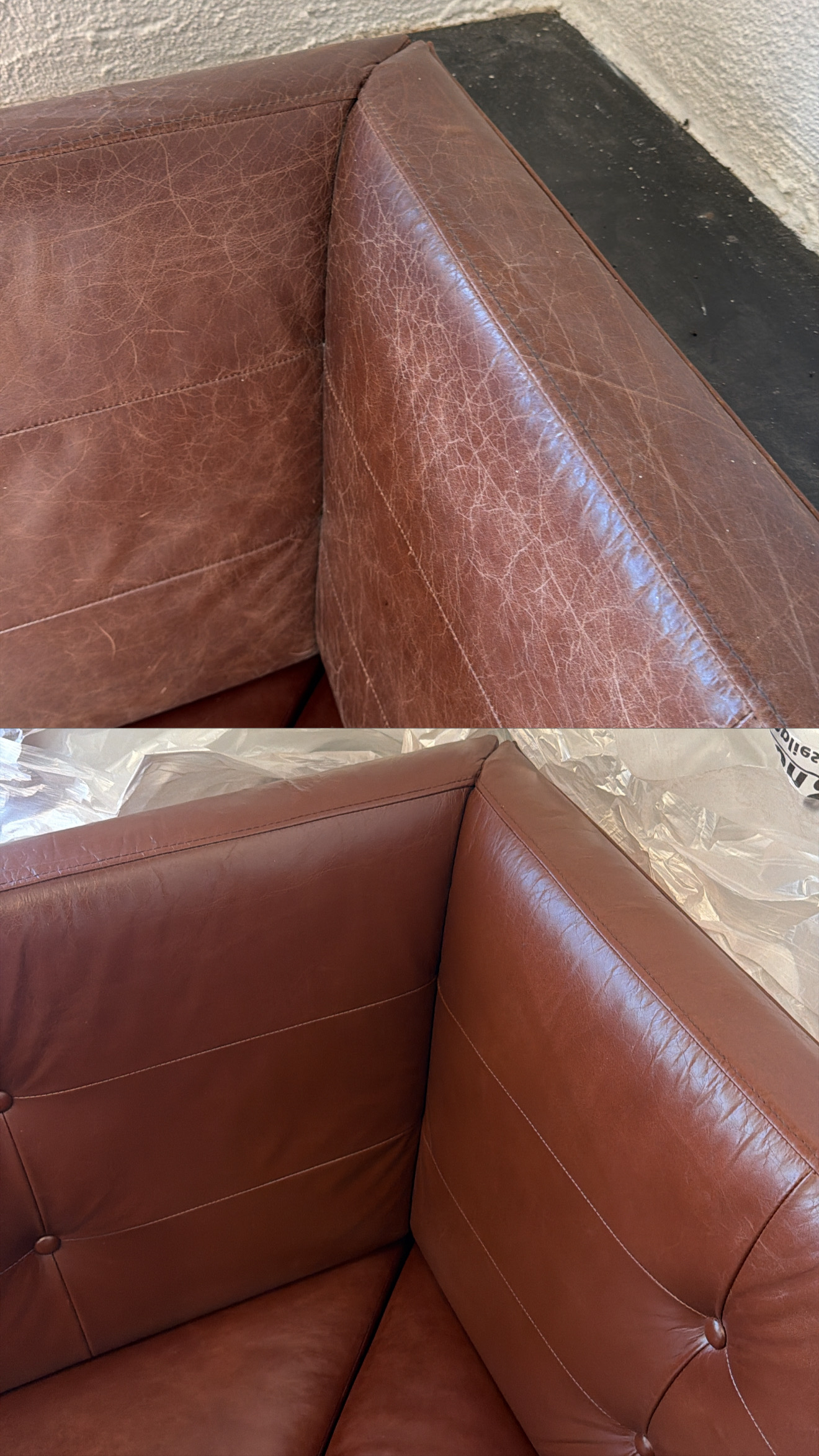Top: brown leather lounge arm and back covered in a web of white scratches and dry cracking. Bottom: the same corner after conditioning and recolouring, smooth and even