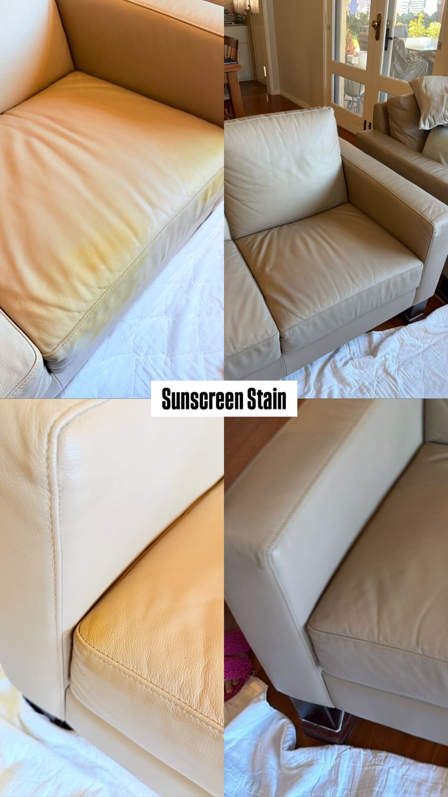 Sunscreen stain lifted from cream armchair